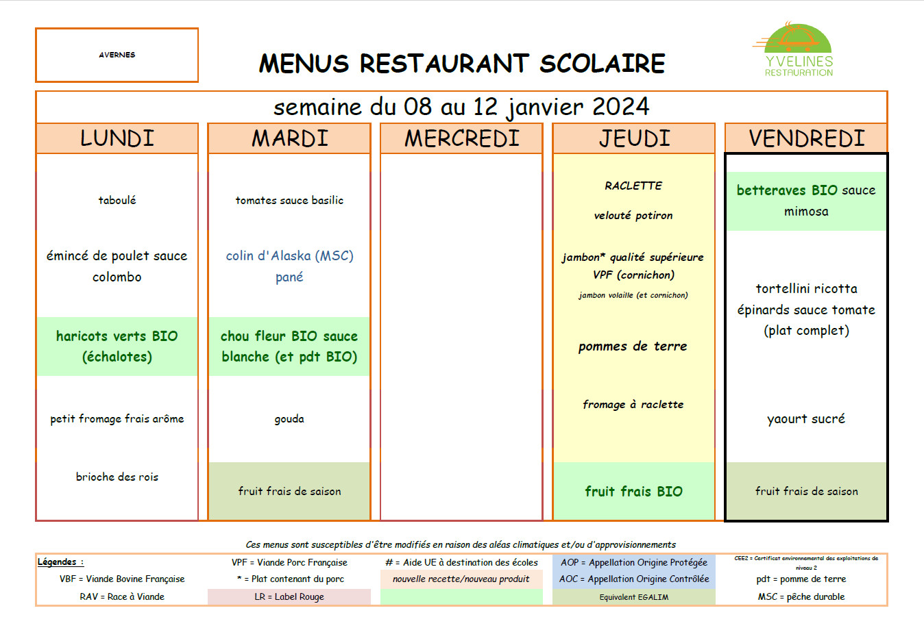 MENUS DU 08 AU 12 JANVIER 2024 Avernes   MENUS DU 08 AU 12 JANVIER 2024 